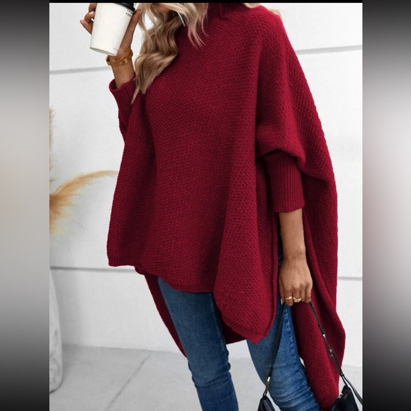 Cozy Mock Neck Dolman Sleeve High Low Hem knit Sweater Cape - Picture 15 of 16